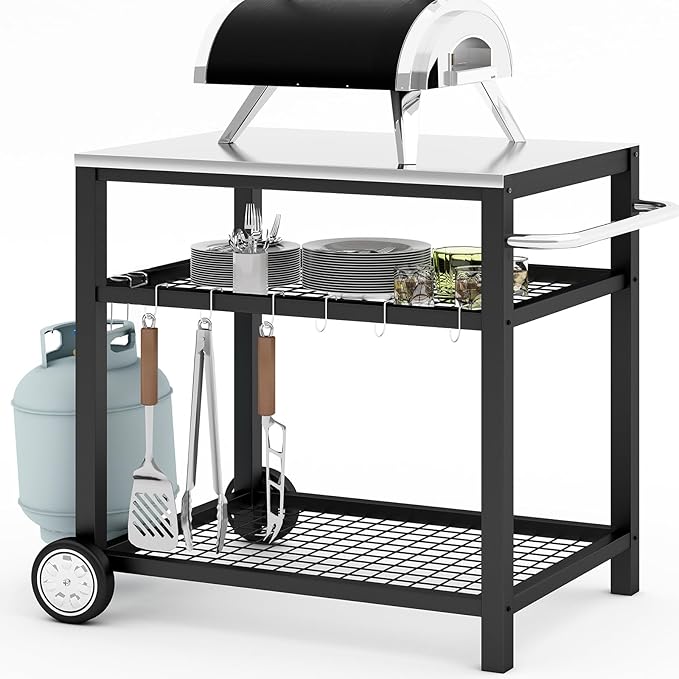 Stainless Steel Grill Cart Pizza Oven Stand Trolley Table with Wheels Pizza Cart Three-Shelf Movable Food Prep Work Dining Table with Double-Shelf Heavy Duty Outdoor 31.5" x 24 x 33.5-Ruum Studio Home