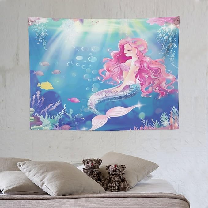 HZOHNAGO Mermaid Girls Tapestry Watercolor Mermaid Princess Pink Hair Pattern for Kids Room Decoration Printed Wall Tapestry Wall Hanging for Bedroom Living Room Dorm 40" W x 30" H-Ruum Studio Home