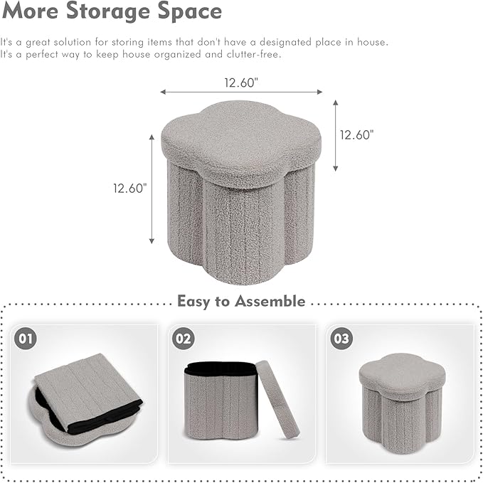 B FSOBEIIALEO Storage Ottoman Cube, Flowers Shaped Ottomans with Storage Foot Stool Footrest for Lving Room, Boucle Ottoman Seat for Dorm Room,Faux Teddy Fur, Grey 12.6"x12.6"x12.6"-Ruum Studio Home
