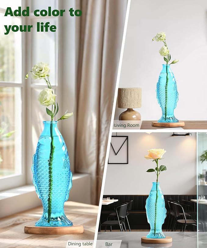 Nacome Fish Vase Glass Plant Terrarium with Wooden Stand,Planter Propagation Station for Home Office Hydroponics Desk Decoration,Unique Gardening Gifts for Plant Lovers Women Mom(Blue)-Ruum Studio Home
