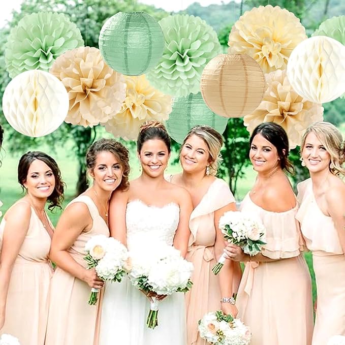 Sage Green-Boho Party-Decorations Paper-Flowers Lanterns - 15PCS Safari Rustic Neutral Baby Shower Tissue Pom Poms Streamers, Champagne Gold Birthday Wedding Graduation Hanging Supplies Decor Hugfond-Ruum Studio Home