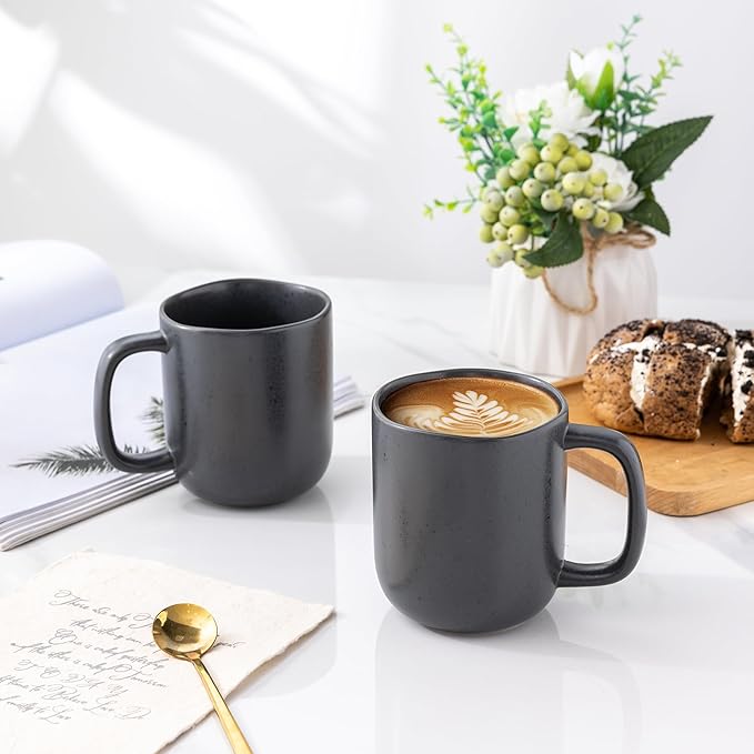 AmorArc 14oz Coffee Mugs Set of 6, Ceramic Coffee Mugs with Large Handle & Wavy Rim for Latte/Hot Cocoa/Tea, Stylish Coffee Cups for Men Women. Oven,Dishwasher&Microwave Safe, Dark Gray-Ruum Studio Home