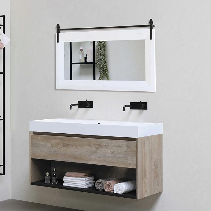 ALBAD Farmhouse Mirror for Wall Decor Wood Framed Bathroom Vanity Mirrors Vertical/Horizontal Hanging Barn Door Style Mirror for Living Room Bathroom Bedroom Entryway White-Ruum Studio Home