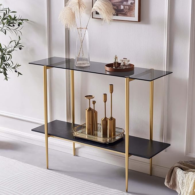Glass Console Table for Living Room, Foyer & Entrance, 2-Tiers Mid-Century Modern Sofa Table with Grey Glass Top, Black Marble Finish Wood Shelf and Gold Finish Frame-Ruum Studio Home