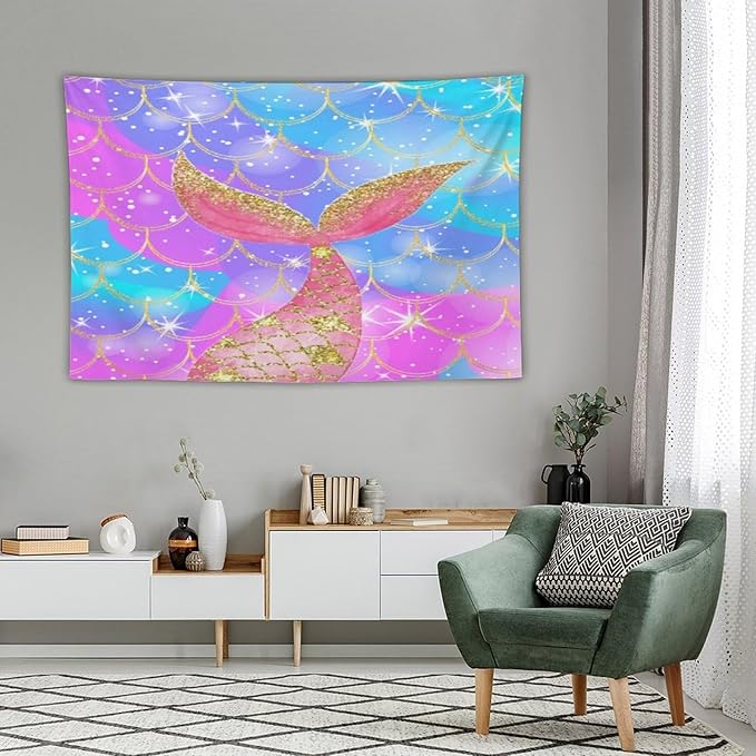 HZOHNAGO Mermaid Scales Tapestry Colorful Shiny Scales Mermaid Tail Pattern Printed Wall Tapestry Wall Hanging for Bedroom Living Room Dorm 90" W x 60" H-Ruum Studio Home