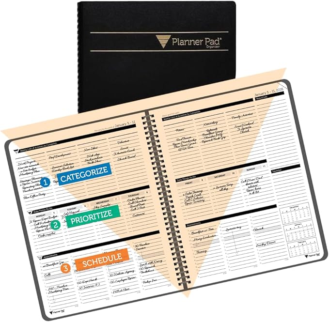 Planner Pad Spiral Bound January-December 2026/ Calender Year 8 1/2" x 11" Large 3-Tier Funnel Down 12 Month Organizer, Black Cover/Black Ink-Ruum Studio Home