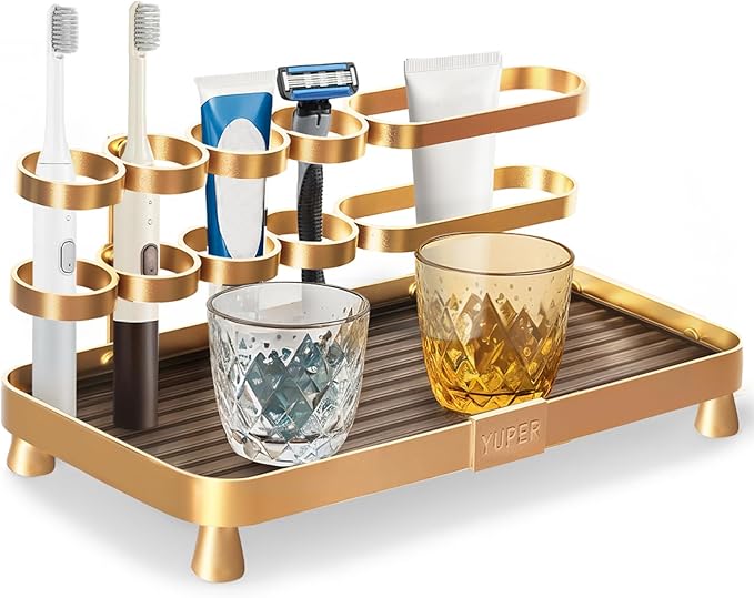 YUPER Bathroom Counter Organizer, Bathroom Organizers with Toothbrush Holder, Makeup Storage Shelf Vanity Tray Perfume Organizer, Bedroom Bar Corner Counter Storage Sink Shelf Gold-Ruum Studio Home
