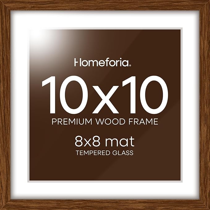 Homeforia 10x10 Picture Frame Brown, High-End Dark Oak 10 x 10 Square Brown Wood Frames with Mat 8 by 8 Photo, 10by10 Wooden Walnut Poster Frame Matted to 8x8 Print, Tempered Glass, Wall Kit, Set of 1-Ruum Studio Home