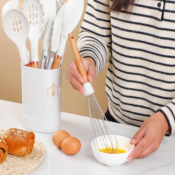 13-Piece silicone utensil set wood handle nonstick cookware safe dishwasher safe kitchen tools BPA free heat resistant (450°F/230°C) ceramic pan safe cooking gifts housewarming (White)-Ruum Studio Home