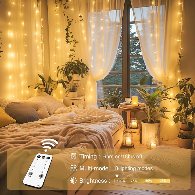 JMEXSUSS 300 LED Remote Control Curtain Lights, Plug in Fairy Curtain Lights Outdoor, Window Wall Hanging String Lights for Bedroom Backdrop Wedding Party Indoor Christmas Patio Dorm Decor, Warm White-Ruum Studio Home