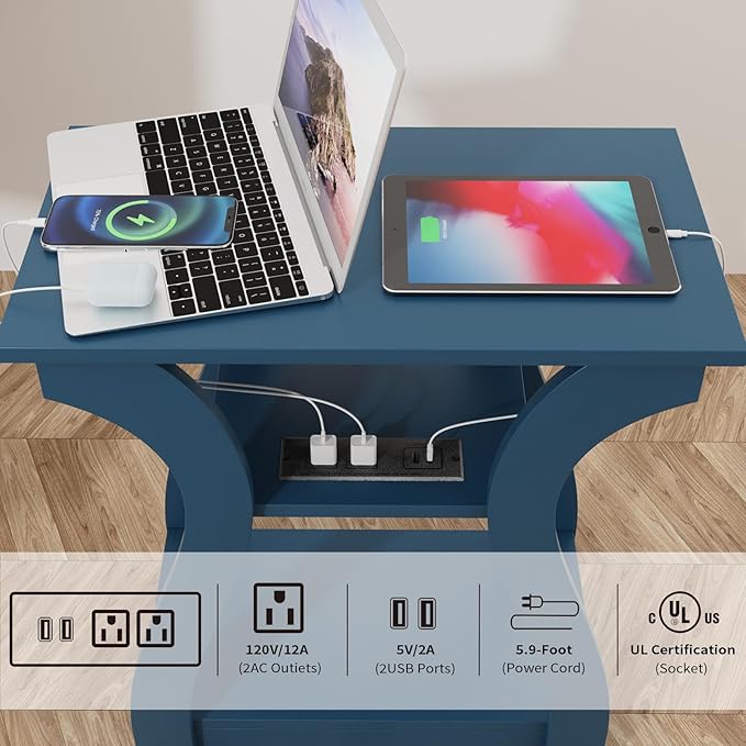 End Tables Living Room, End Table end Table with Charging Station and USB,Navy Blue Side Table, Nightstand for Bedroom,3 Tier End Table with Storage Shelf for Living Room-Ruum Studio Home