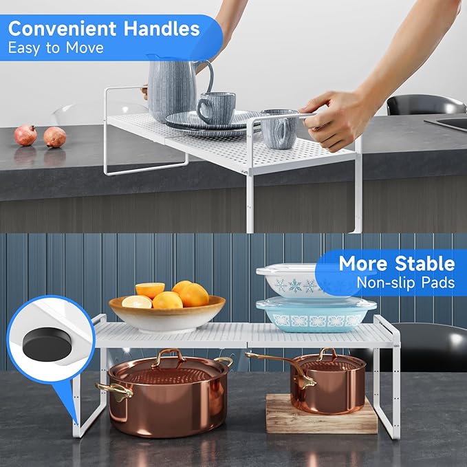 Expandable Cabinet Shelf Organizers, Kitchen Small Stand Rack Organization for Countertop Cupborad Pantry, White 1 Pack-Ruum Studio Home