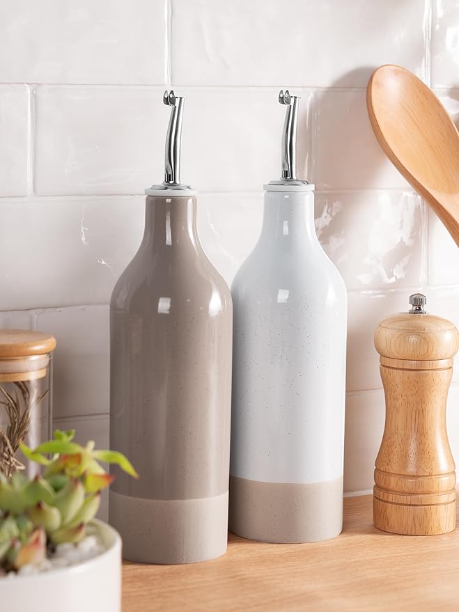 famiware Milkyway 16oz Ceramic Olive Oil Dispenser Bottle, Olive Oil and Vinegar Dispenser Bottle Set of 2 with Stainless Steel Pourers, Suitable for Storage Liquids, Light Gray and Cinnamon Brown-Ruum Studio Home