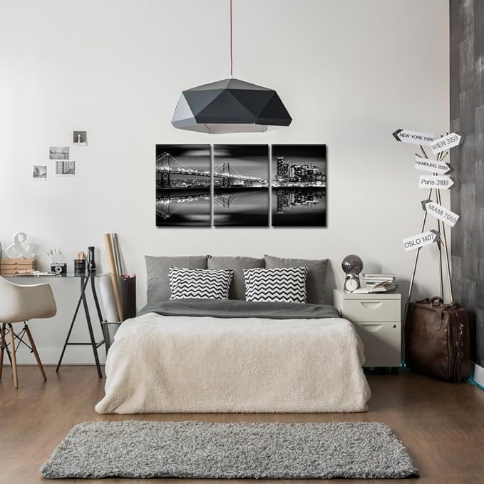 KREATIVE ARTS - San Francisco Bay at Night in Black and White Bridge 3 Panels Modern Landscape Artwork Canvas Prints Cityscape Pictures Paintings on Canvas Wall Art for Home Decor (12x16inchx3pcs)-Ruum Studio Home