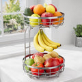 Fruit Basket for Kitchen Counter - 2-Tier Large Capacity Fruit Bowl with Detachable Banana Hanger, Rust-Proof Metal Fruit Holder for Vegetables, Bread, Toiletry,10" D x 10" W x 14" H, Silver.-Ruum Studio Home