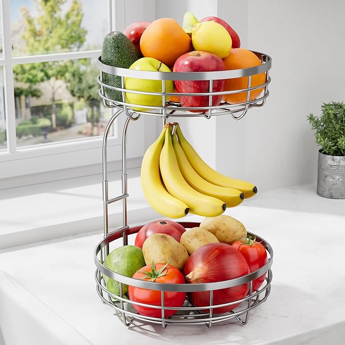 Fruit Basket for Kitchen Counter - 2-Tier Large Capacity Fruit Bowl with Detachable Banana Hanger, Rust-Proof Metal Fruit Holder for Vegetables, Bread, Toiletry,10" D x 10" W x 14" H, Silver.-Ruum Studio Home