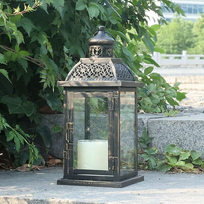 DECORKEY Lanterns Decorative Indoor&Outdoor, 14.4'' Large Black Square Hanging Lanterns, Vintage Metal Candle Holder for Outdoor Patio Front Door Porch Wedding Party Decor-Ruum Studio Home
