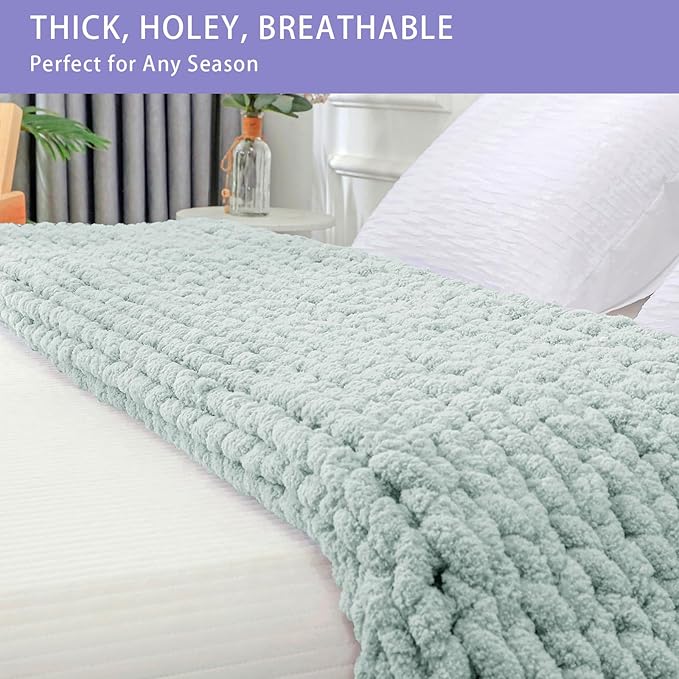 Bigacogo Chunky Knit Throw Blanket for Couch, 40x40 inches, 100% Hand Knitted with Thick Jumbo Chenille Yarn, Cozy Soft Large Rope Knot Cable Crochet Blankets for Sofa Bed Living Room, Mint-Ruum Studio Home