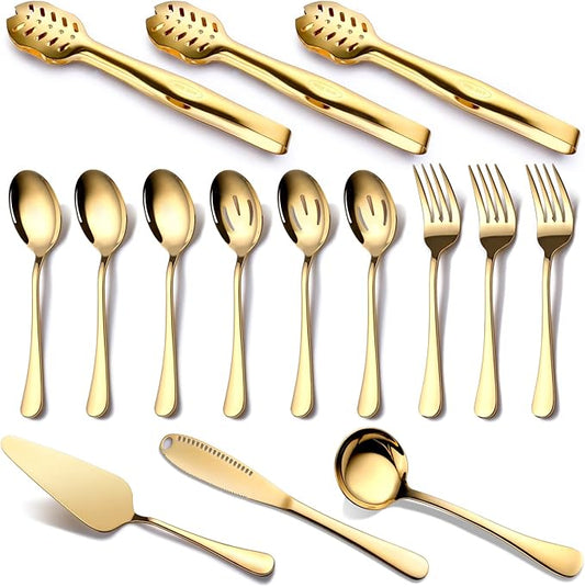 Gold Serving Utensils, OGORI 15-Piece Stainless Steel Gold Serving Utensils Set Include Serving Spoons, Slotted Serving Spoons, Serving Tongs, Serving Forks, Butter Knife, Soup Ladle, Pie Server-Ruum Studio Home