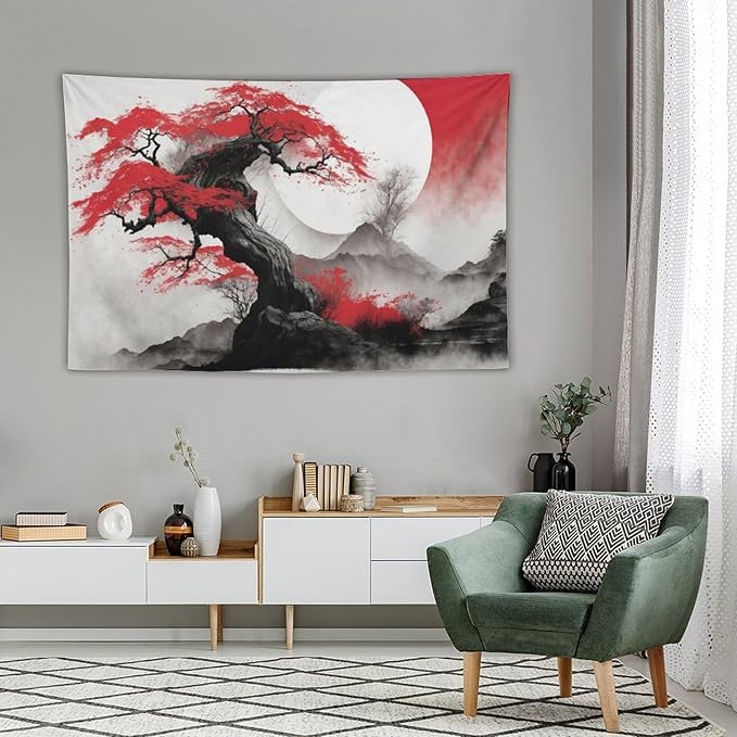 Cherry Blossoms Tapestry,Japanese Red Landscape Asian Watercolor Abstract Art Tapestry,Japanese Wall Tapestry, Nature Landscape Tapestries for Bedroom Living Room Decor 60"x40"-Ruum Studio Home