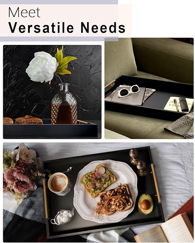 22 Inch Rectangle Black Ottoman Tray with Gold Metal Handles, Extra Large Wooden Serving Tray for Living Room, Coffee Table, Kitchen & Hosting-Ruum Studio Home