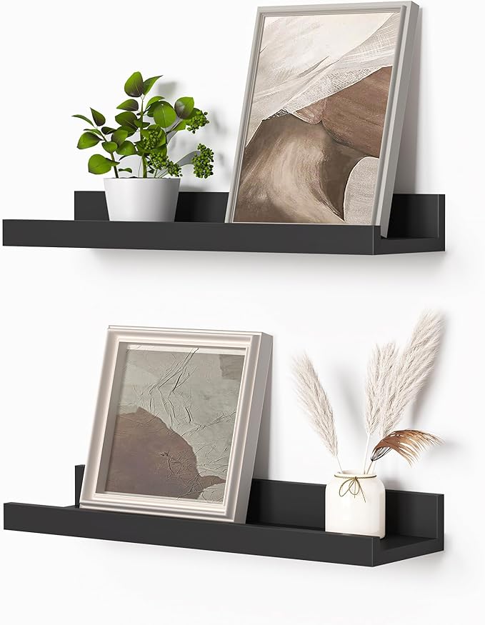 Heimlove Picture Ledge Shelf, Small Floating Shelves Set of 2, 16 Inches Picture Shelf for Wall with Ledge, Kids Bookshelf Wall Mounted for Living Room Bedroom Decor Books Photo Frames, Black-Ruum Studio Home