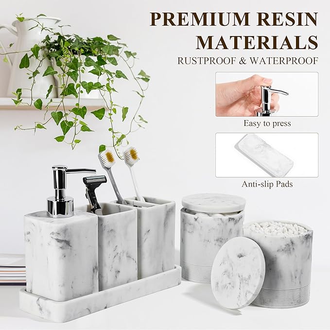 Bathroom Accessories Set, 6 Piece Bathroom Set with Toothbrush Holders, Soap Dispenser, Vanity Tray, Tumbler, Cotton Swab Jars, Bathroom Organizer，Bathroom Sink Sets, Artificial Marble White-Ruum Studio Home