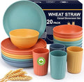 HOTEC 20-Pack Unbreakable Kitchen Plastic Wheat Straw Dinnerware Set – BPA-Free Plates, Bowls & Cups | Lightweight, Microwave & Dishwasher Safe | Multicolor Reusable Tableware for Home & Outdoor Use-Ruum Studio Home
