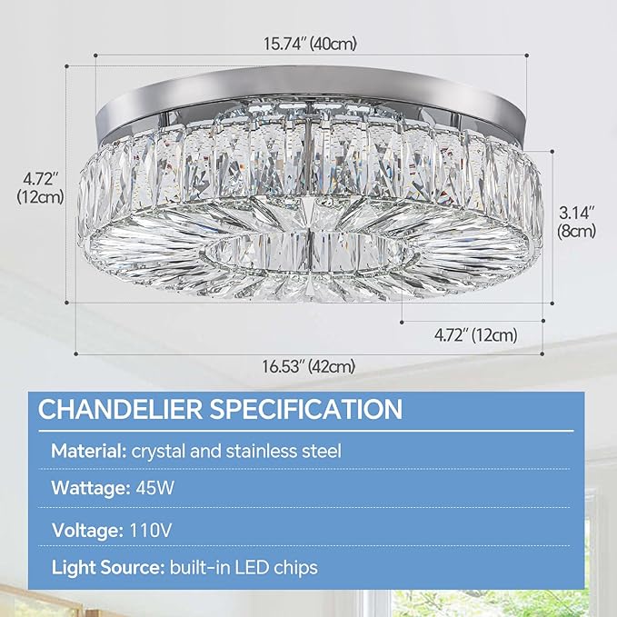 16.5" Crystal Chandelier LED Modern Flush Mount Ceiling Light Fixtures Round Ring Luxury Large Chandelier for Living Room Bedroom Dining Room Entrance (Cool white-16.5")-Ruum Studio Home