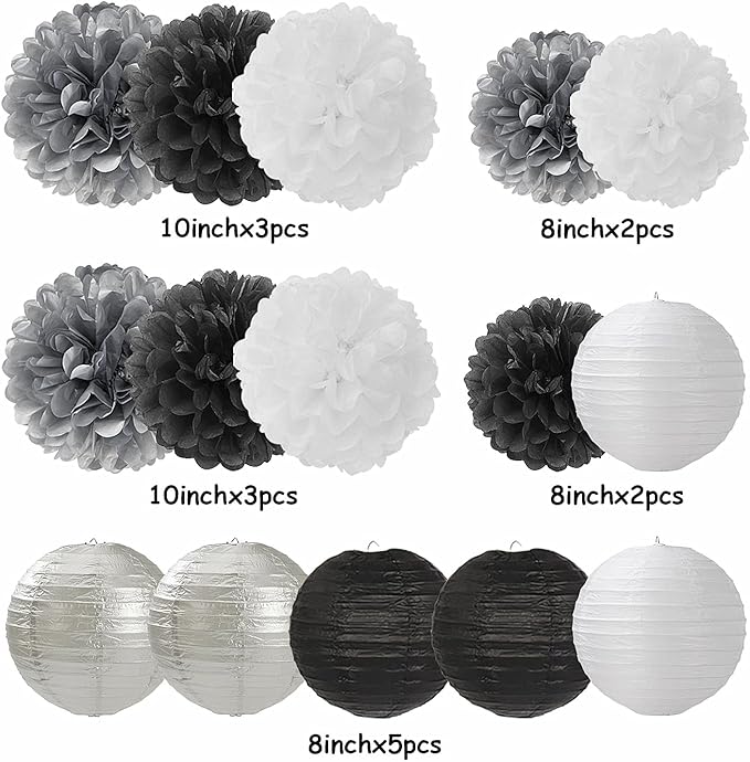 Black White Silver Party-Decorations Paper Flowers Lanterns - 15PCS Birthday Halloween Wedding Tissue Pom Poms Streamers, Halloween Prom Baby Shower Bachelorette Hanging Supplies Decor Hugfond-Ruum Studio Home