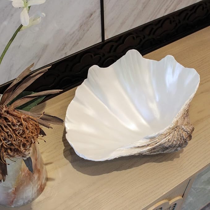 Large EarthTan-White Sea Shells Decorative Bowl Resin Clam Shell Bowl Beach Decorations for Home Coastal Beach Decor Decoration Storage Bowls & Home Office Nautical Themed Party Decor -10.2"-1PC-Ruum Studio Home