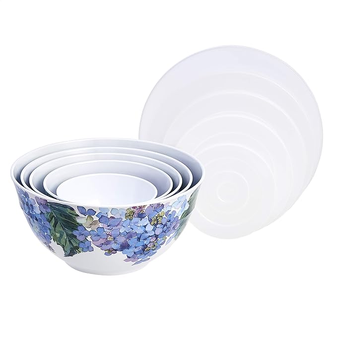 Amazon Basics Nesting Melamine Mixing Bowl With Lid And Non-Slip Base, 5 Sizes, Set Of 10, Hydrangea Floral, 3 15/16",7 9/16",8 7/8",10",11 1/4"-Ruum Studio Home