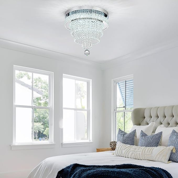 16“ Crystal Chandeliers Light Flush Mount Ceiling Light Fixtures Round Modern LED Chandelier for Living Room Bedroom Dining Room Closet Hallway (Cool White)-Ruum Studio Home