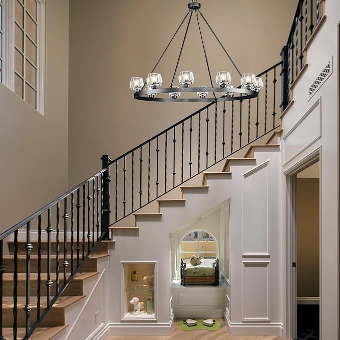 Black Wagon Wheel Chandelier, 48 Inch Black Chandeliers with Unique Glass Shade, 12-Light Crystal Large Wagon Wheel Chandeliers for Dining Room, High Ceiling Round Chandelier for Living Room, Foyer-Ruum Studio Home
