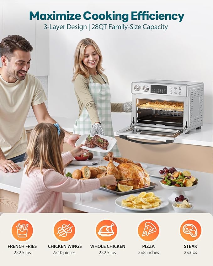 28QT Air Fryer Toaster Oven Combo, Large 12-in-1 Convection Countertop Oven with Next-Gen HeatWave Convection, 3-Layer Cooking, Rotisserie for Chicken, Fits 11" Pizza, Full Accessorie, Stainless Steel-Ruum Studio Home