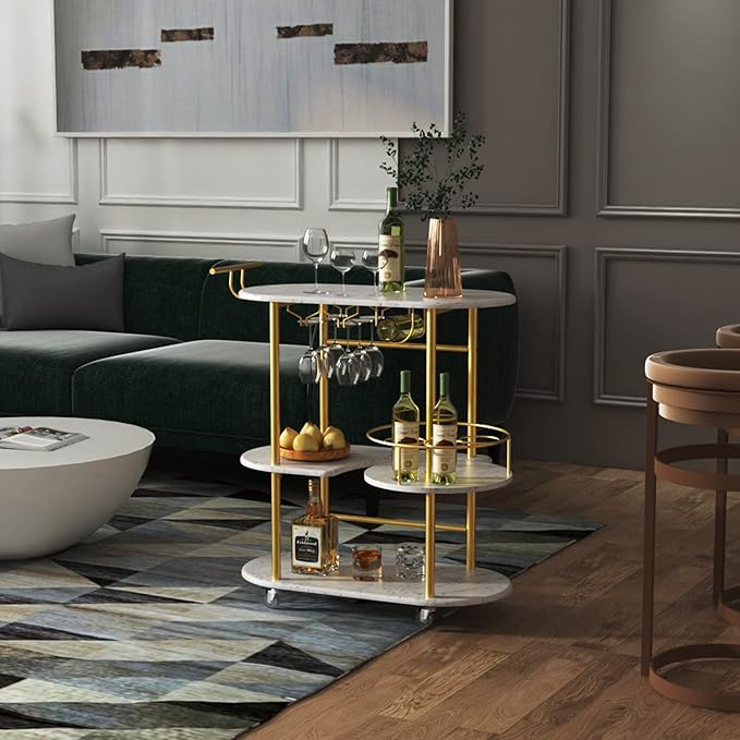 Gold Bar Carts with 4-Tier Storage Shelves, Mobile Bar Serving Cart with Wine Rack and Glass Holder, for The Home, Kitchen, Living Room, Dining Room-Ruum Studio Home
