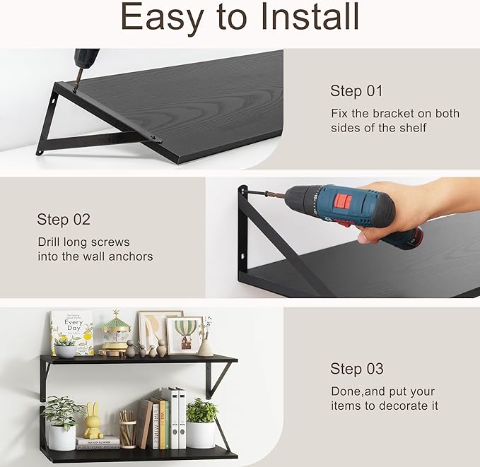 Deep Black Floating Shelves for Wall, 24"W x 10"D Wall Shelves Set of 2, 10 Inch Deep Floating Shelf with Brackets, Wide Display & Storage Shelves for Books, Living Room, Kitchen, Bathroom-Ruum Studio Home