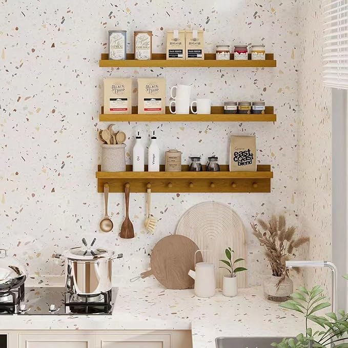 MBYD Floating Shelves 36 Inch, Nursery Book Shelves for Kids Room, Hanging Bookshelf with Hooks Set of 3, Light Walnut Wood Picture Ldge Shelving, Kitchen Wall Shelf Spice Rack for Bedroom Bathroom-Ruum Studio Home