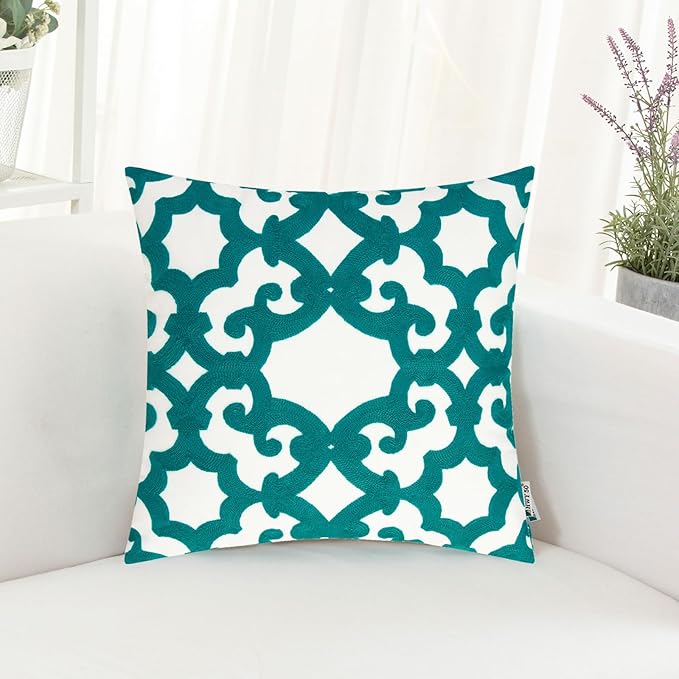 HWY 50 Teal Decorative Throw Pillow Covers 18x18 Inch (1 Piece), Embroidered Cotton Farmhouse Cushion Cover Pillow Case for Sofa Couch Living Room Bed, Geometric-Ruum Studio Home