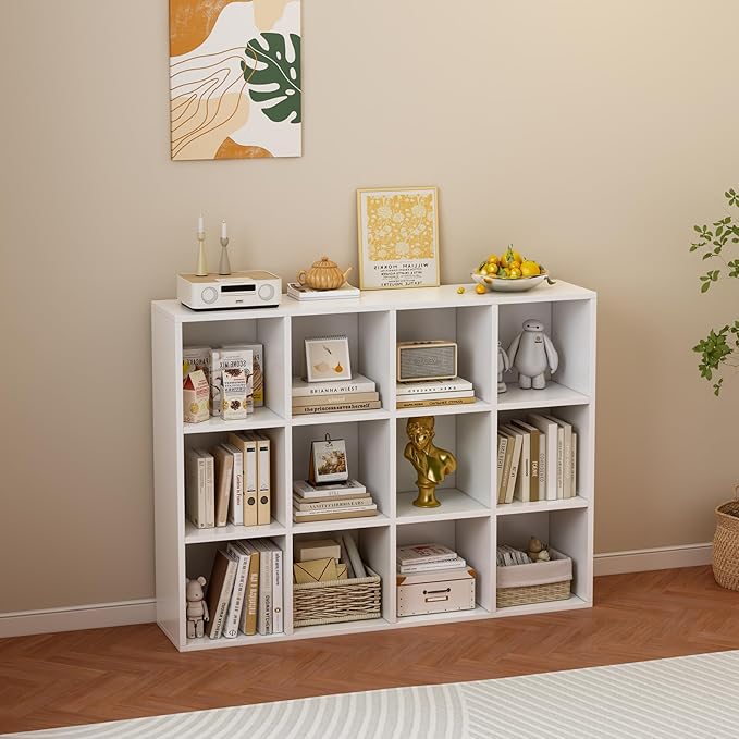 12-Cube Storage Shelf Bookcase - Wooden 3-Tier Floor Standing Open Bookshelf for Home and Office, Display Cabinet, Warm White-Ruum Studio Home