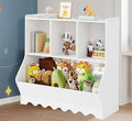 Wood Kid Storage Cubby, Toy Storage Organizer with Bookshelf, 32"L x 15"D x 31"H Montessori Toy Shelf, Nursery Book Shelves, Wooden 4-Cubby Children Book Shelf for Playroom Classroom, White-Ruum Studio Home