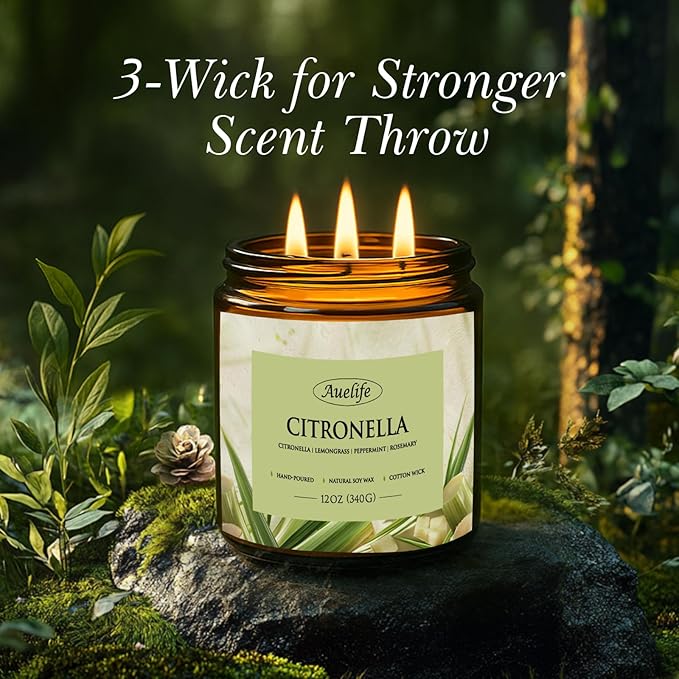 Auelife Citronella Candles Outdoor, 12oz Large 3-Wick Candle for Outside Patio Camping & Garden, Natural Soy Wax Citronella Candle for Summer Gift, Long Lasting for Indoor Home Scented, 50+ Hour Burn-Ruum Studio Home