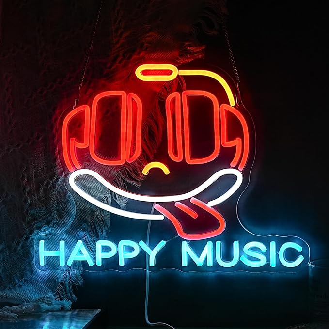 Headphone Neon Sign Dimmable Led Happy Music Neon Light for Wall Decor USB Cute Headset Figure Neon Light Sign for Music Studio Bar Live Music Party Bedroom-Ruum Studio Home