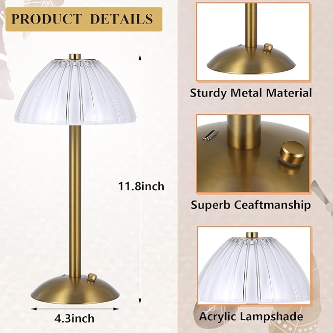 Liliful 6 Pcs LED Portable Cordless Table Lamp Touch Battery Operated Rechargeable Desk Lamp 3 Color Dimmable for Bedroom Living Room Dining (Mushroom Style,Gold)-Ruum Studio Home