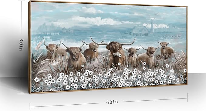Extra Large Framed Wall Art for Living Room Big Boho Farmhouse Highland Cow Canvas Artwork Flower and Animal Picture Rustic Coastal Blue and Brown Decor for Office Bedroom Kitchen-Ruum Studio Home