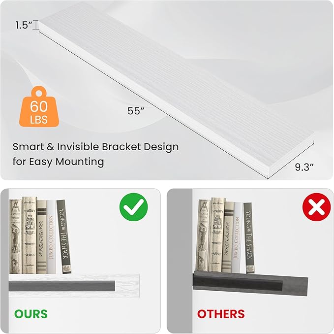 Floating Shelves for Wall, 55"W x 9.3"D x 1.5"H, Long Wooden Wall Mounted Display Shelves with Invisible Brackets for Living Room, Bedroom, Bathroom, Kitchen Decor and Storage, Set of 1, White-Ruum Studio Home