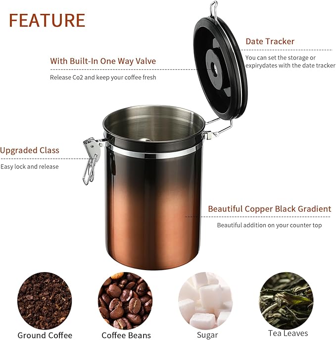 malmo Coffee Canister, Airtight Coffee Container with Date Tracker Lid, Stainless Steel Canister for Kitchen Food Storage (Black-Copper, 22oz)-Ruum Studio Home