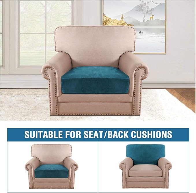 H.VERSAILTEX Velvet Stretch Couch Cushion Cover Plush Cushion Slipcover for Chair Cushion Furniture Protector Seat Cushion Sofa Cover (1 Piece Armchair Cushion Covers, Deep Teal)-Ruum Studio Home