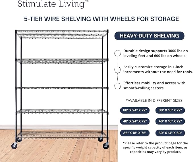 60"x24"x72" PRIME HEAVY DUTY Black 5-Tier Wire Shelving NSF 3000 LBS MAX Capacity Storage Rack for Commercial, School, Home, Garage, Warehouse, Industrial, and Hospital Uses (with Wheels)-Ruum Studio Home
