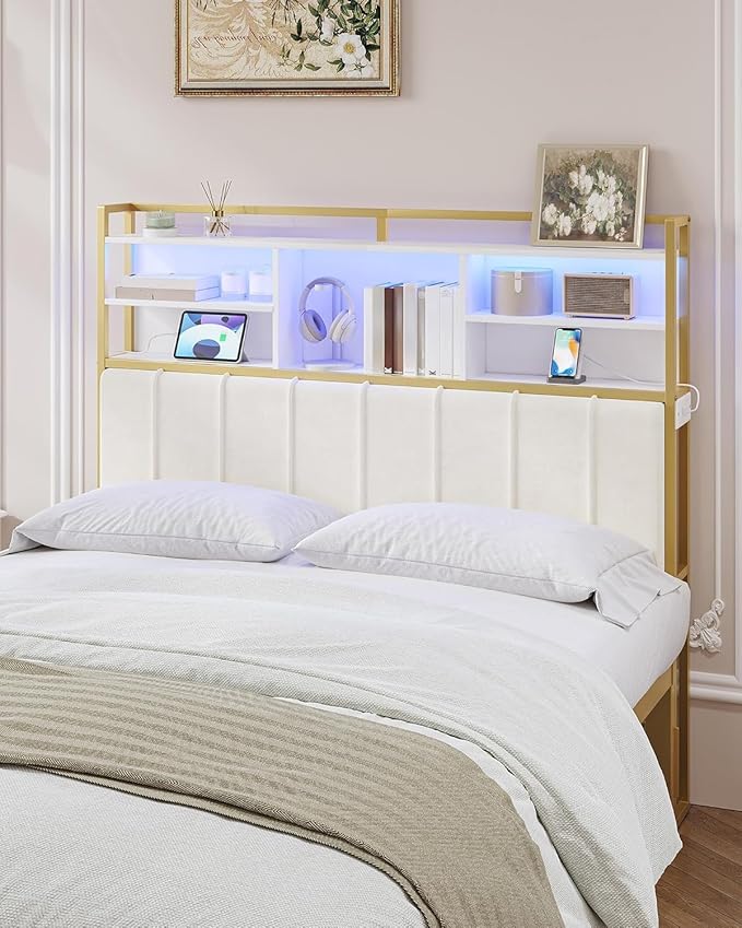 Headboard with 3-Tier Storage Shelves, Velvet Upholstered Head Board with 2 Outlets, USB Ports & LED Light, Soft Backrest for Queen Size Bed, White and Gold BH15203AV1-Ruum Studio Home